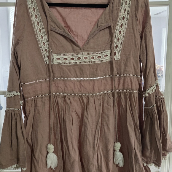 Show Me Your MuMu Dresses & Skirts - Show Me Your Mumu M Mauve Tasseled Pom-Pom V-Neck Bell Sleeve Tunic Blouse